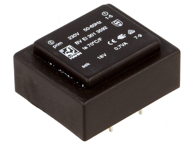 Transformator: ingegoten; 0,7VA; 230VAC; 18V; 39mA; PCB; BVEI Transformator: ingegoten; 0,7VA; 230VAC; 18V; 39mA; PCB; BVEI